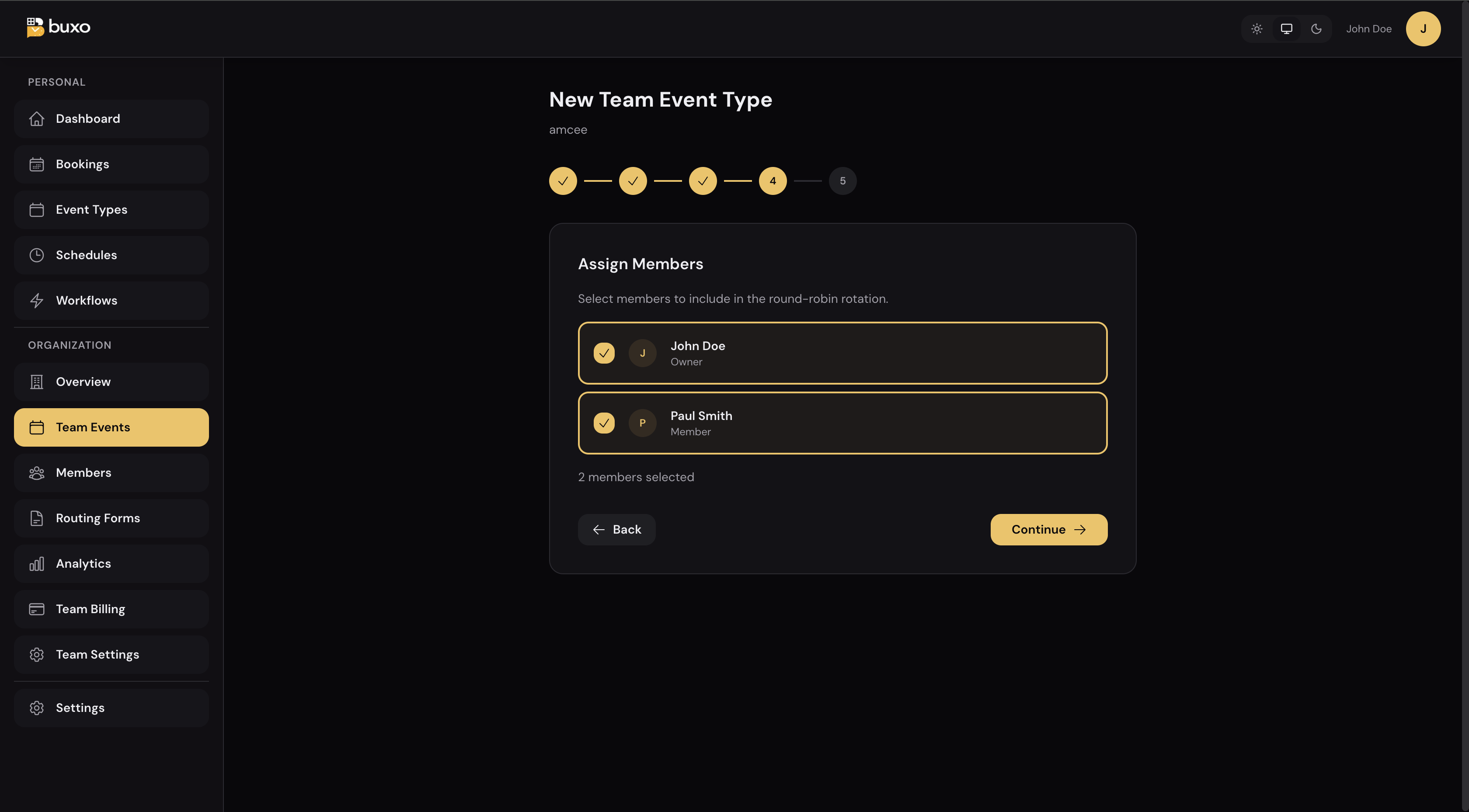 Step 4 of team event creation: Assign Members, showing John Doe (Owner) and Paul Smith (Member) both selected