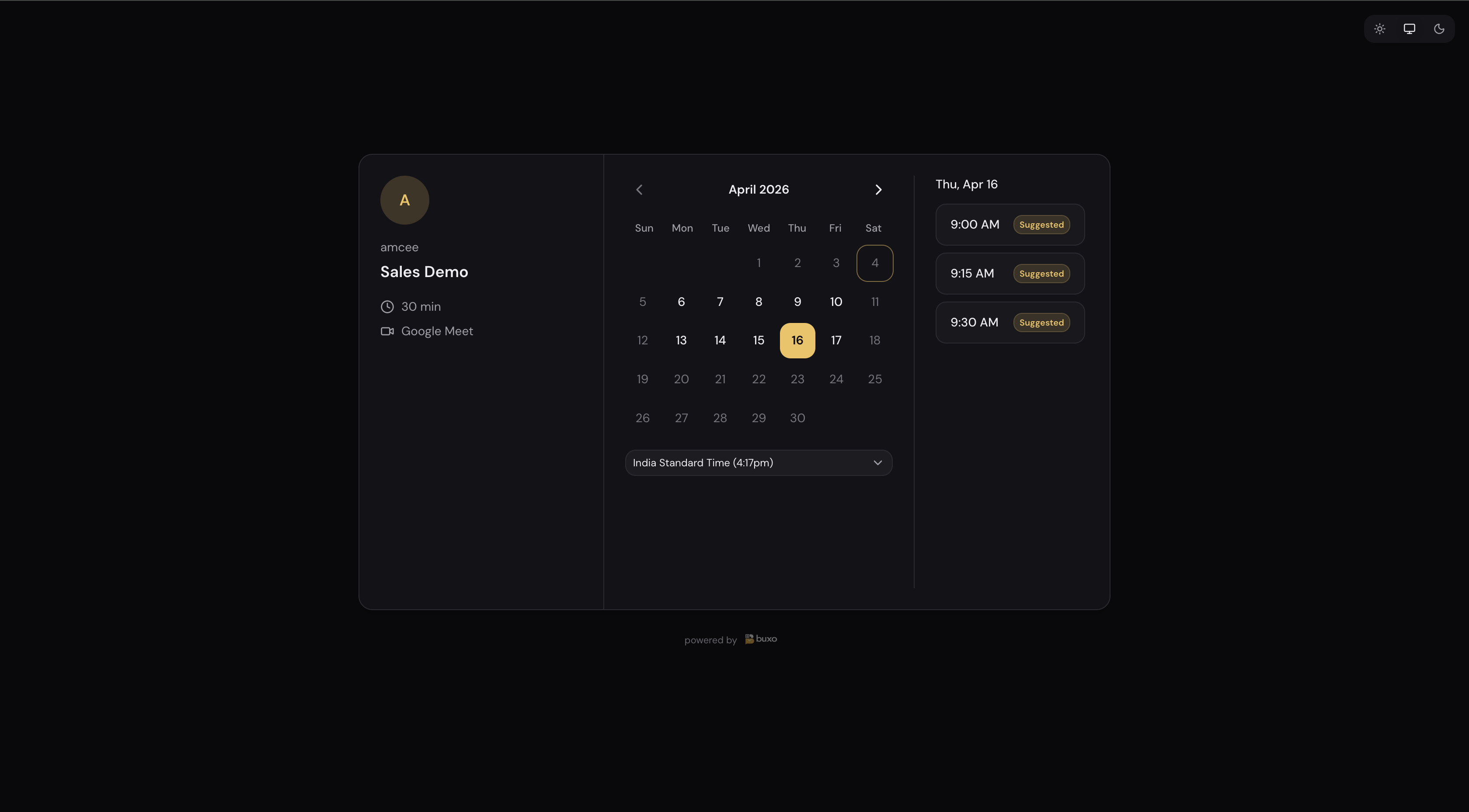 The team booking page showing "Sales Demo" for amcee with AI-suggested time slots