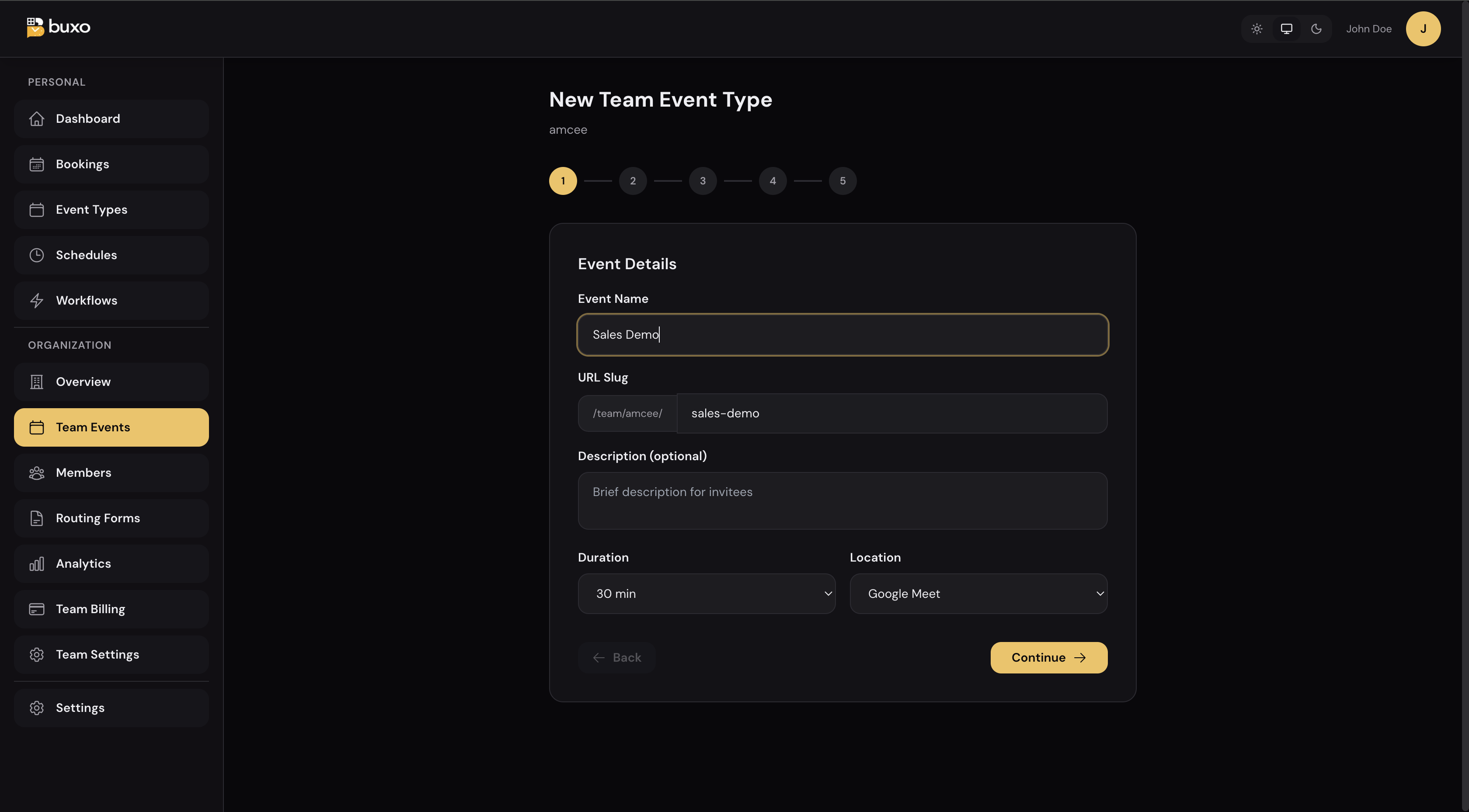 Step 1 of New Team Event Type: naming it "Sales Demo", 30 min, Google Meet
