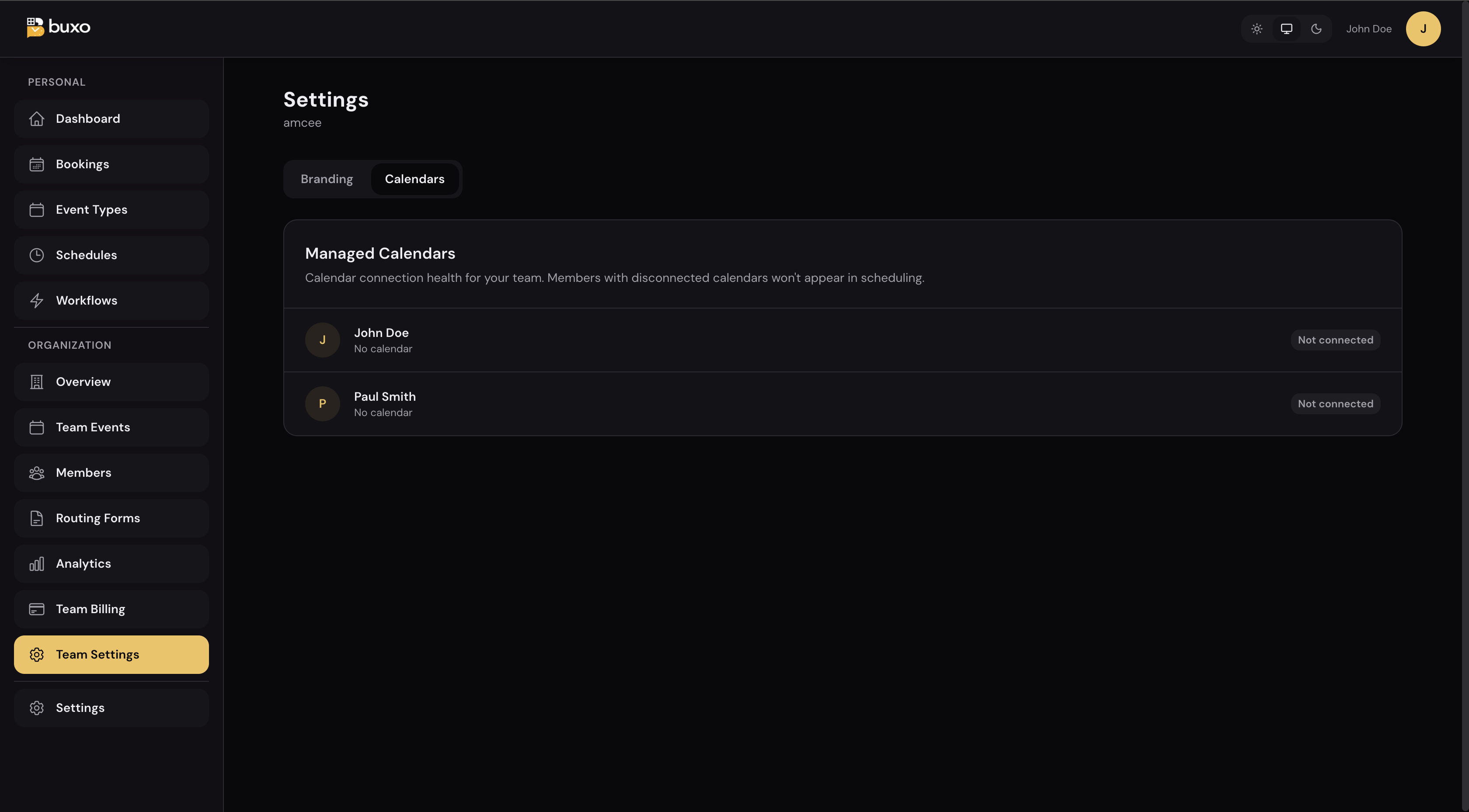Team Settings: Managed Calendars tab showing John Doe and Paul Smith both listed as "Not connected"
