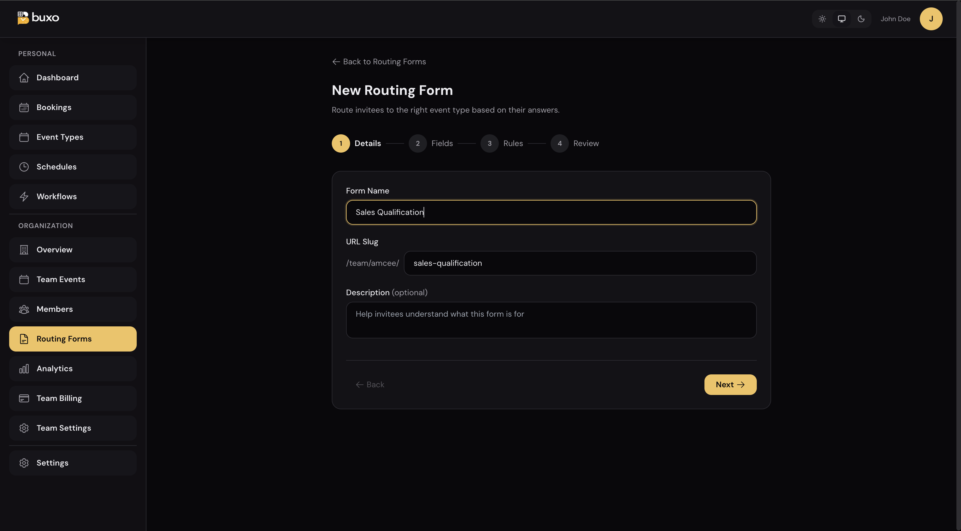 New Routing Form step 1: form name "Sales Qualification" with URL slug