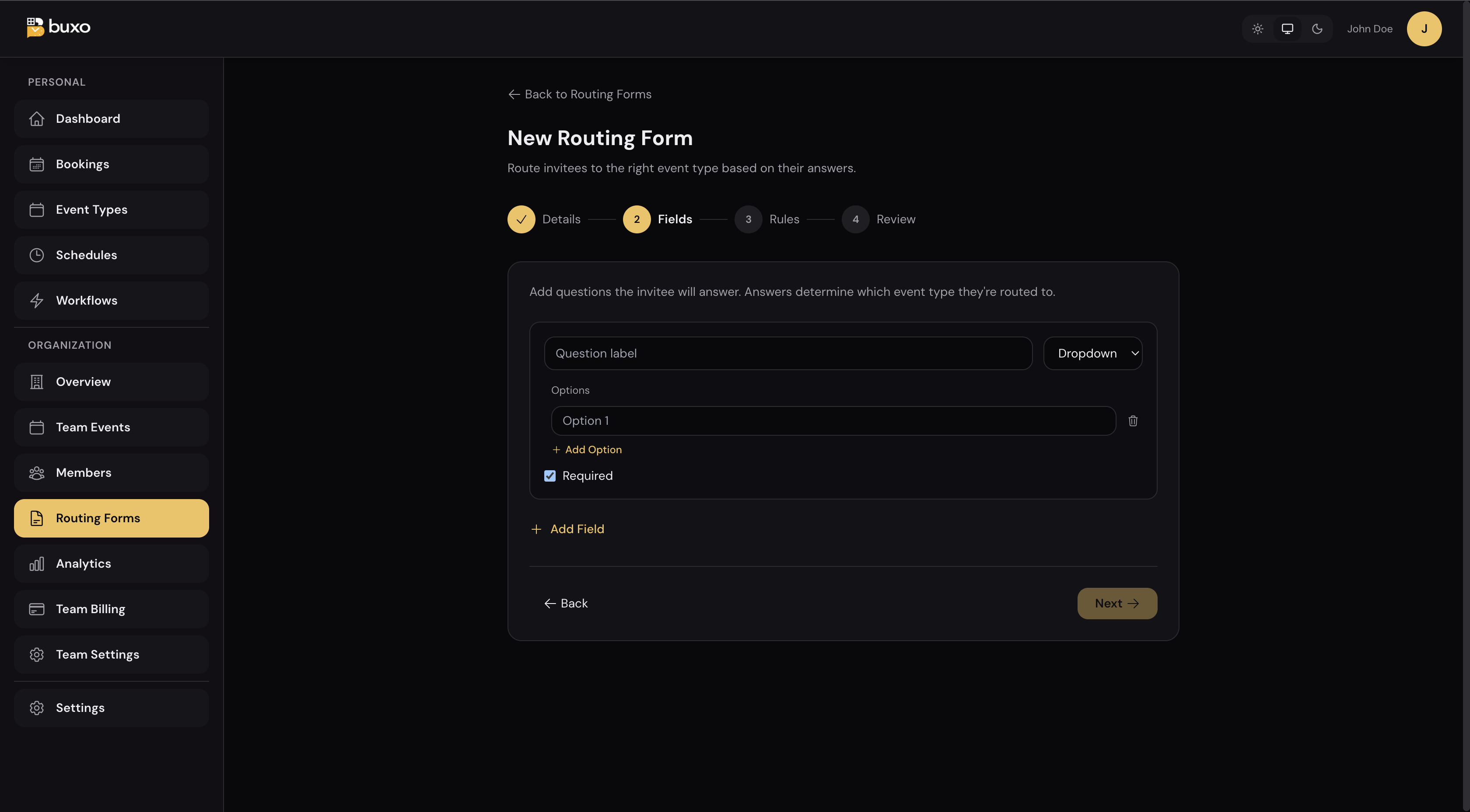 Routing Form step 2: adding fields, a dropdown question with options